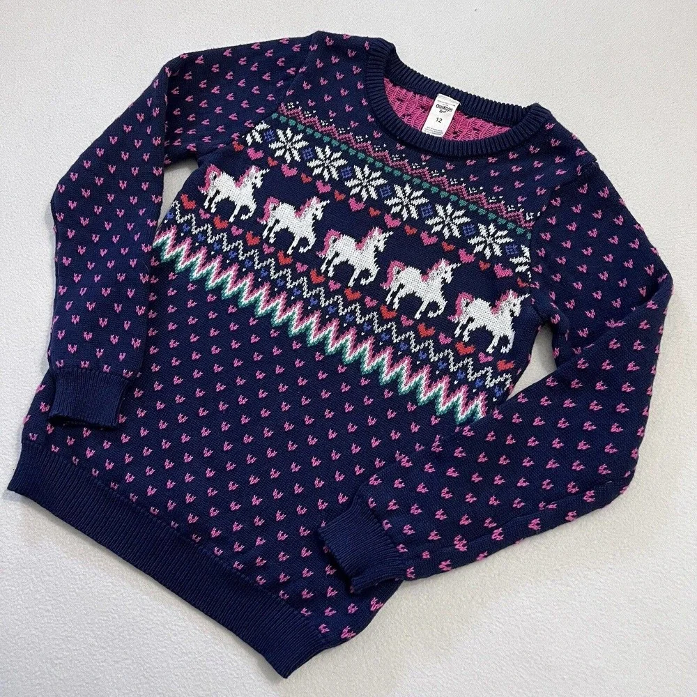 OshKosh B'Gosh Girl Blue PInk Fair Isle Silver Metallic Unicorn Knit Sweater 12